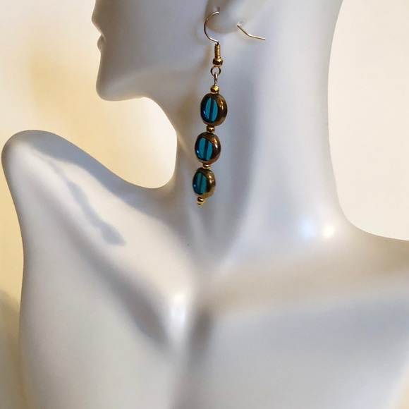 Handmade Teal & Brass Trim Dangle Earrings 2” Long - Picture 2 of 3